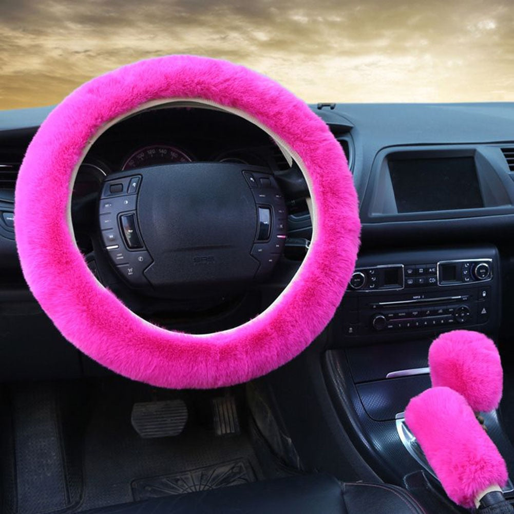 Universal Plush Car Steering Wheel Covers  Hand Brake & Amp Gear Cover Set Car 3 Piece Interior Accessories