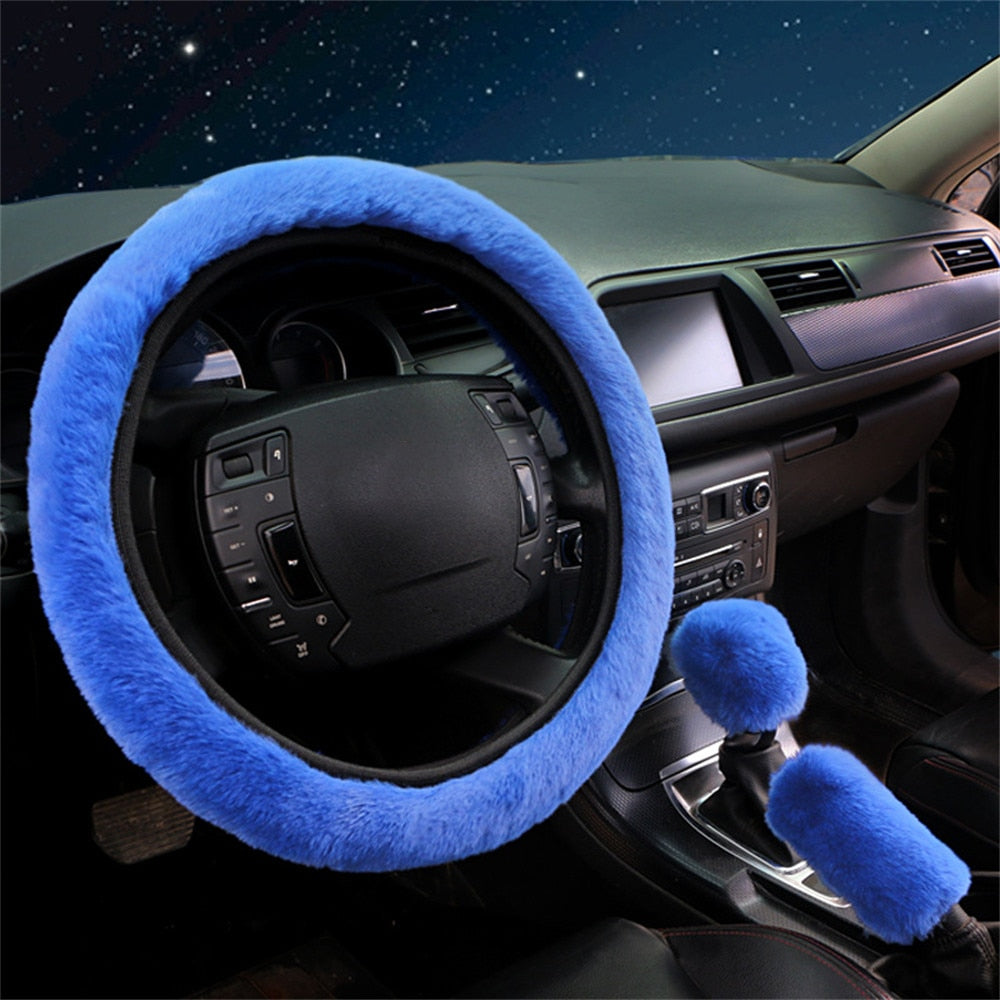 Universal Plush Car Steering Wheel Covers  Hand Brake & Amp Gear Cover Set Car 3 Piece Interior Accessories