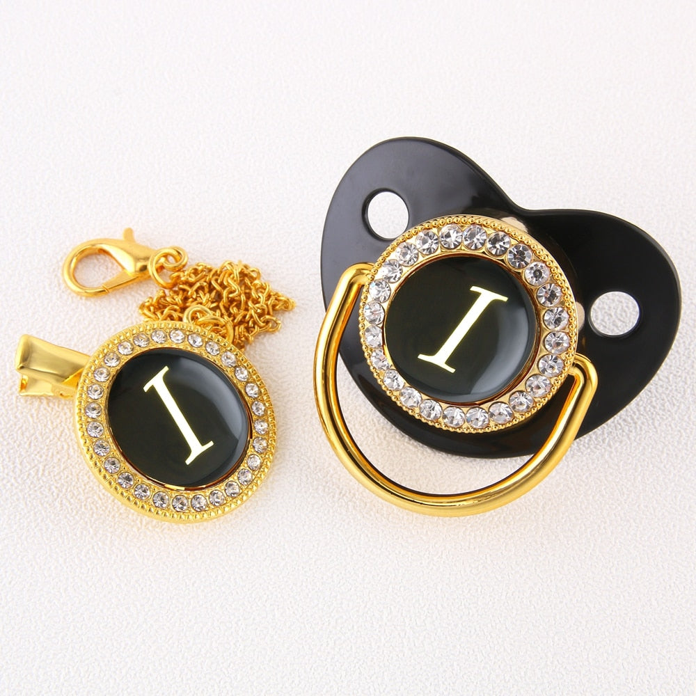 Baby Black Bling Pacifier With Clip Alphabet Letter Infant Pacifier Gold Letter Initials