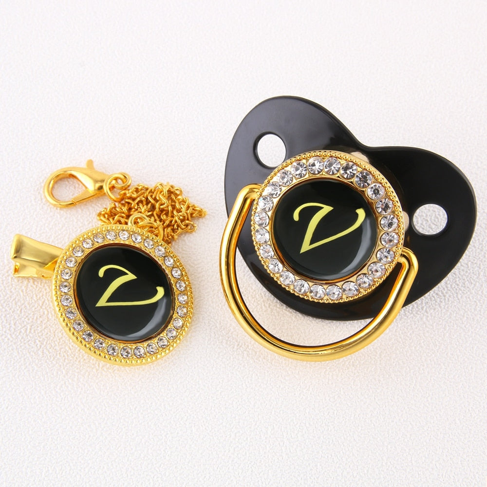Baby Black Bling Pacifier With Clip Alphabet Letter Infant Pacifier Gold Letter Initials