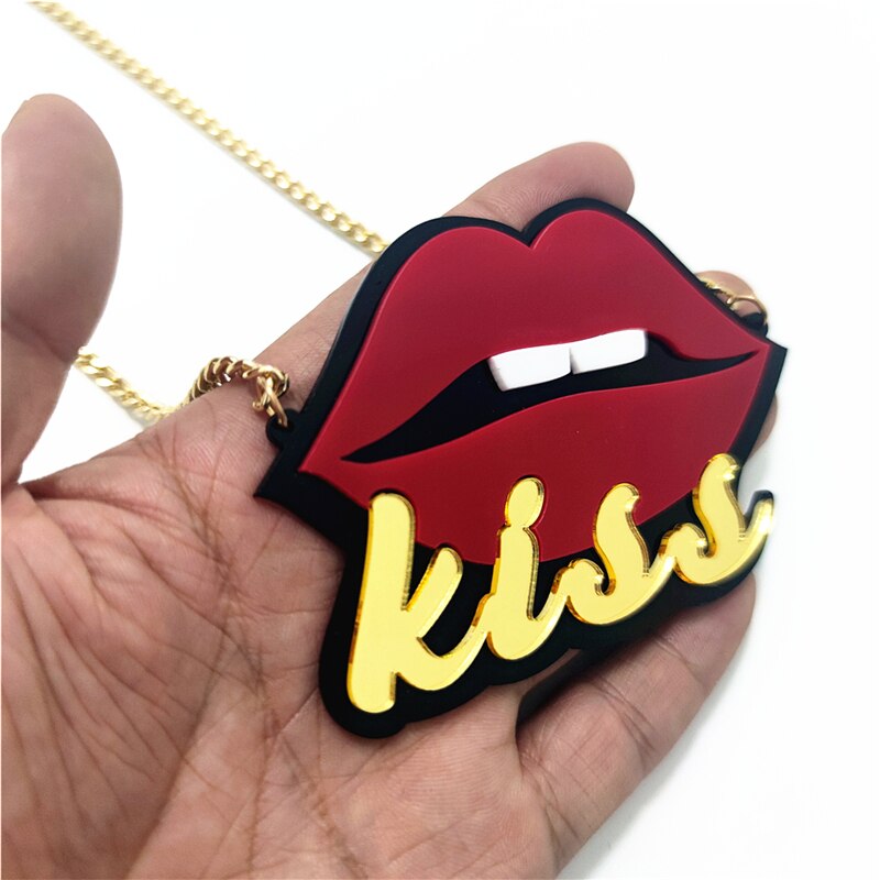 KISS Lips Pendant Necklace Acrylic Chain Jewelry