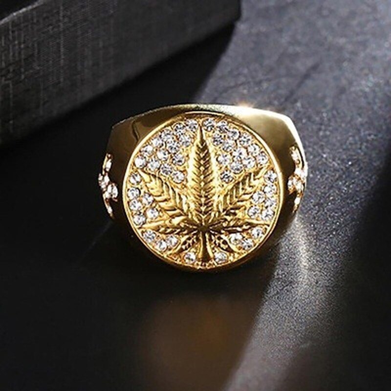 Carved Golden Leaf Rings for Men Jewelry