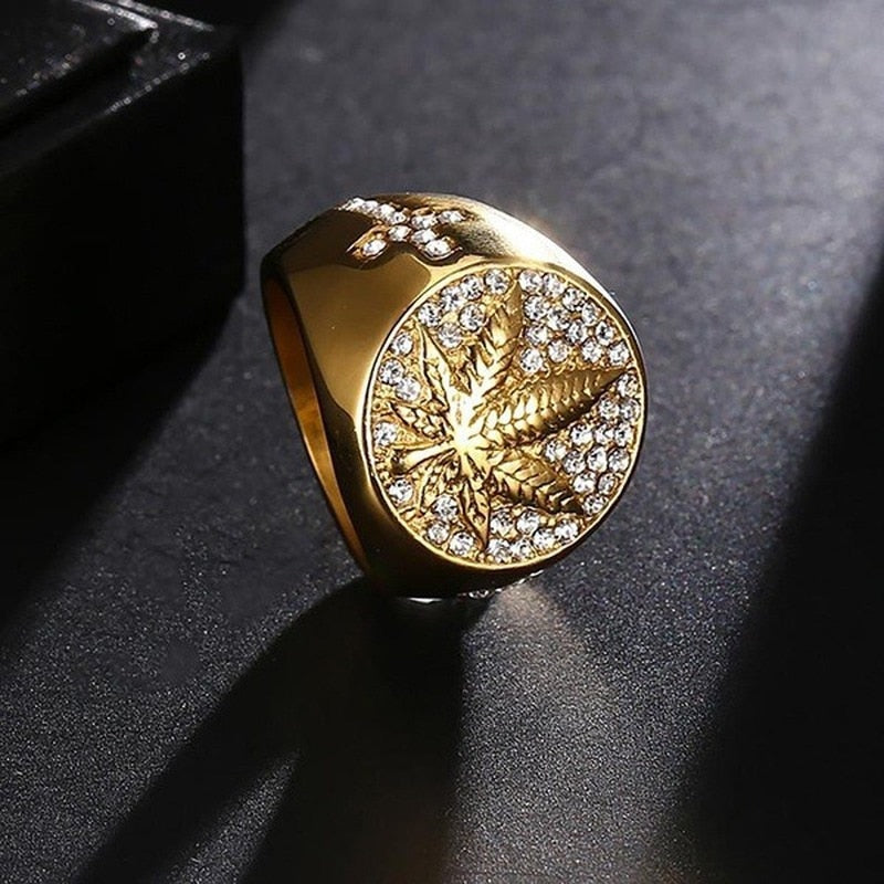 Carved Golden Leaf Rings for Men Jewelry