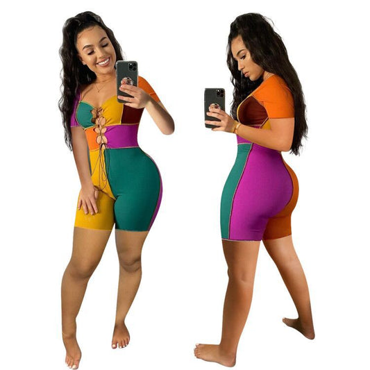 Tight-Fitting Jumpsuit Color Block Stitching Rompers Women (use size chart to find your size)