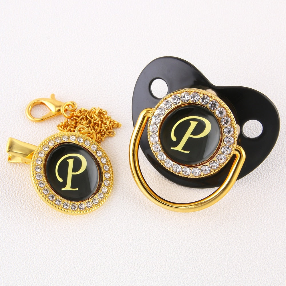 Baby Black Bling Pacifier With Clip Alphabet Letter Infant Pacifier Gold Letter Initials