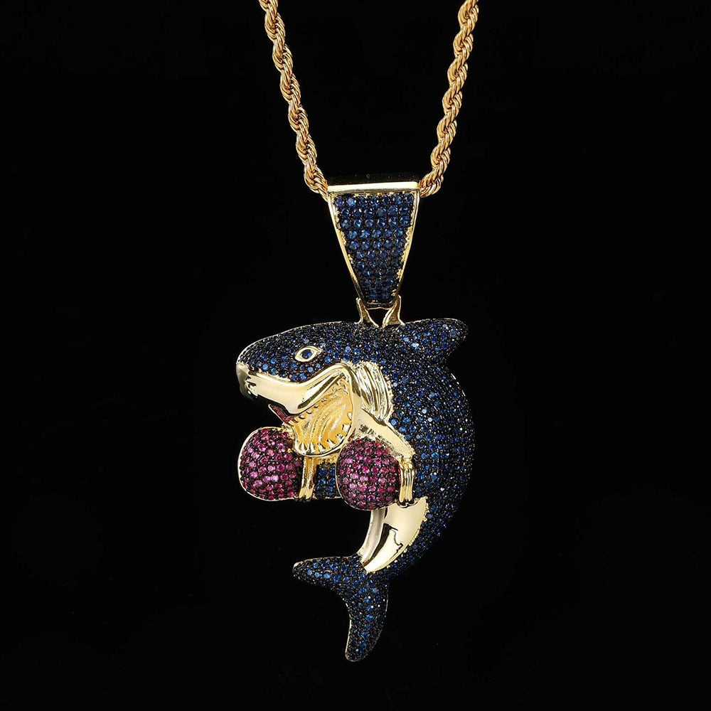 Iced Out Boxing Shark Pendant Chain Necklace