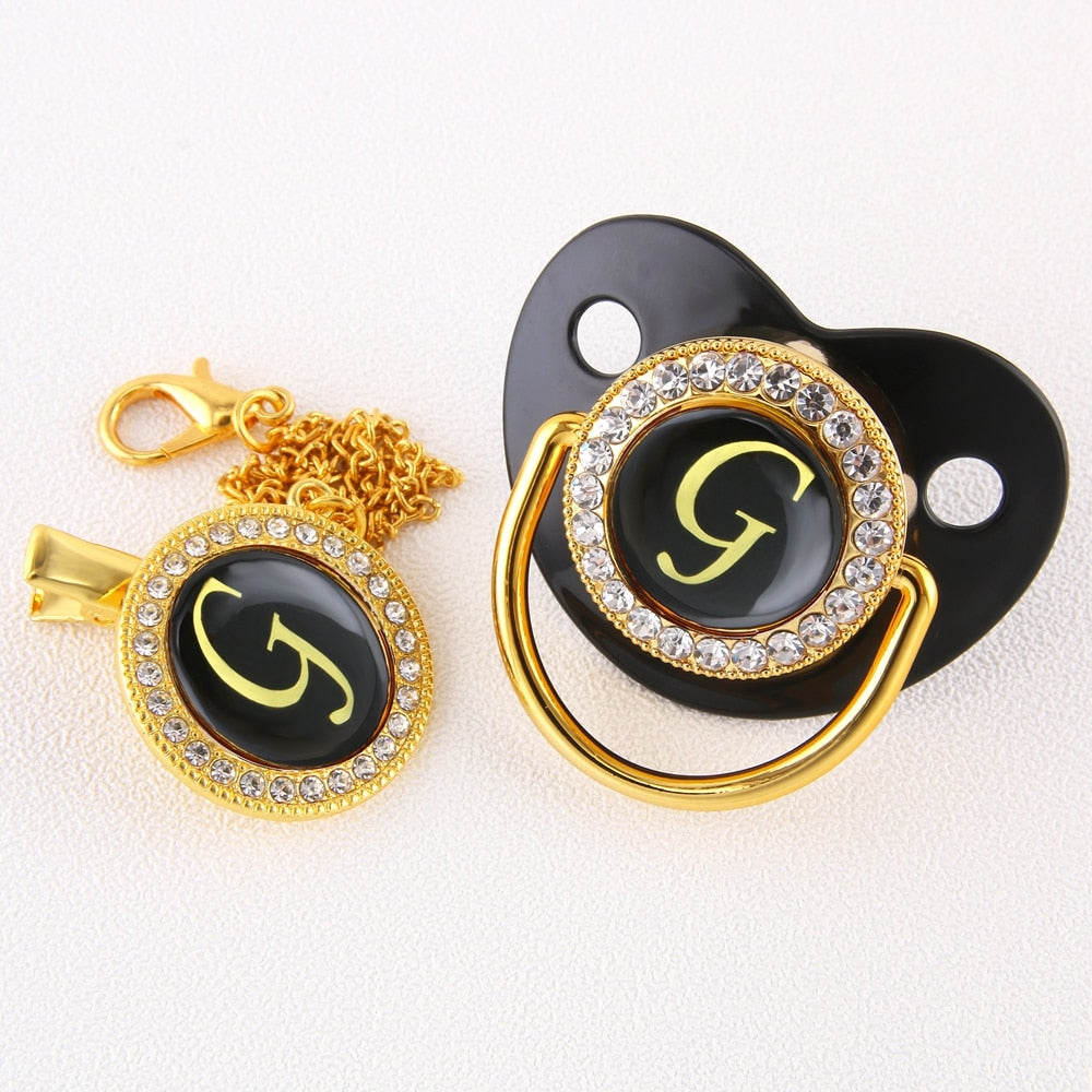 Baby Black Bling Pacifier With Clip Alphabet Letter Infant Pacifier Gold Letter Initials