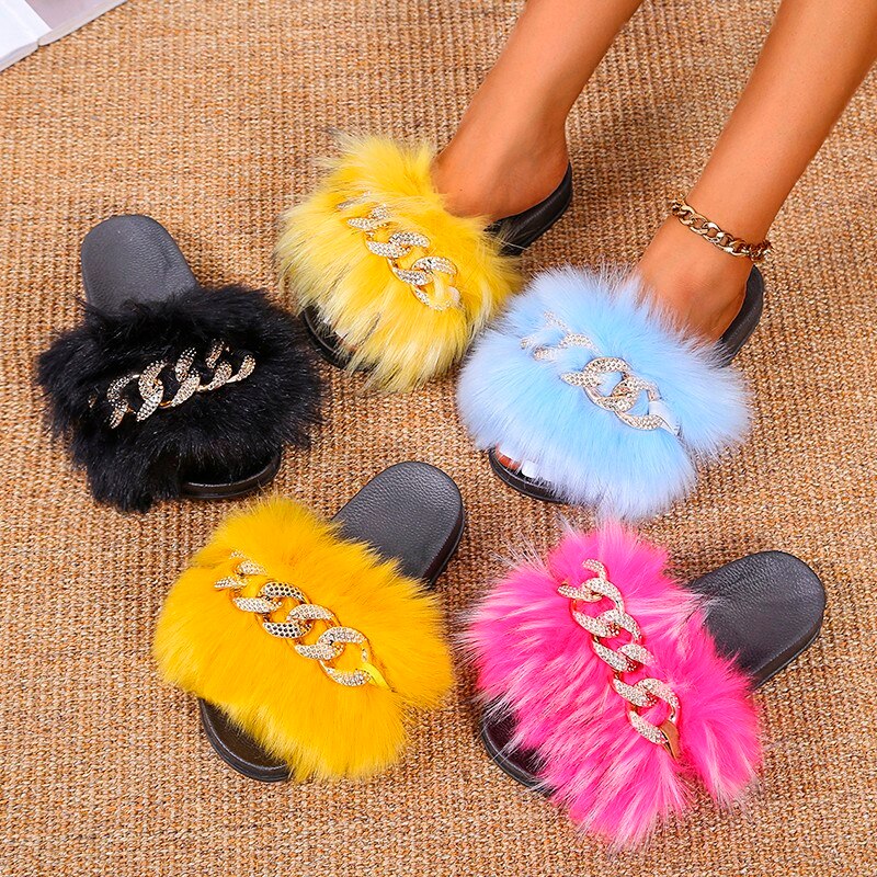 Casual Fashion Slides Soft Fur With Chain Womens Shoes