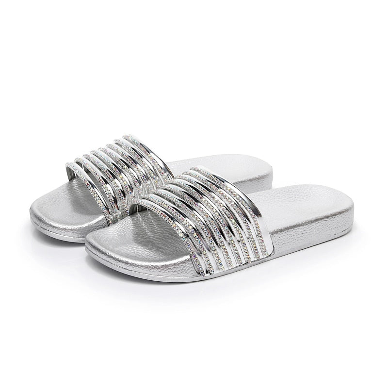 Striped Rhinestones Womens Slides