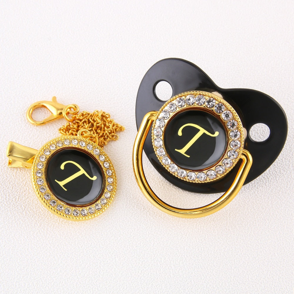 Baby Black Bling Pacifier With Clip Alphabet Letter Infant Pacifier Gold Letter Initials