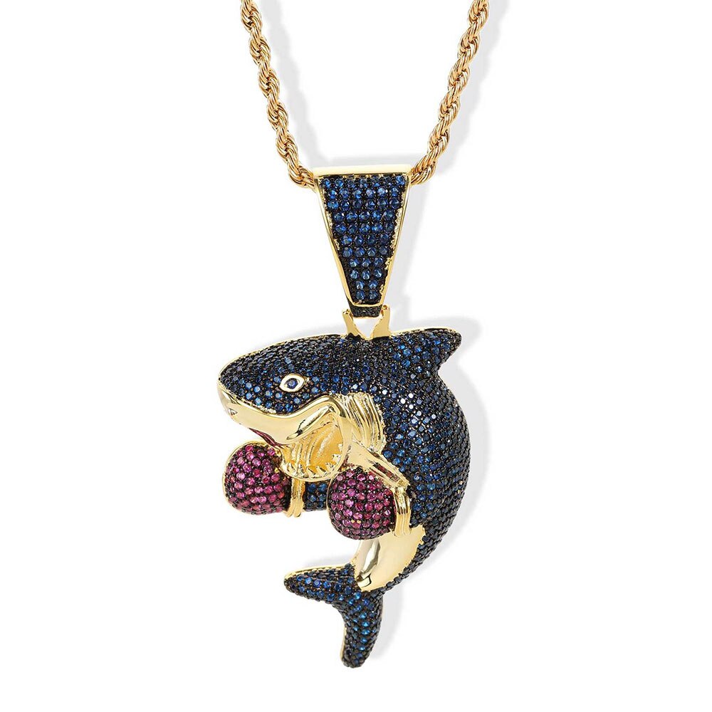 Iced Out Boxing Shark Pendant Chain Necklace