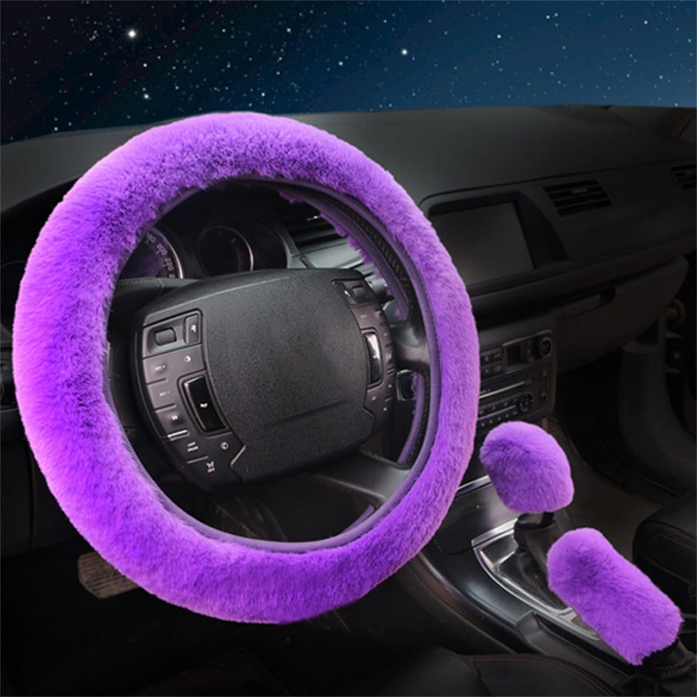 Universal Plush Car Steering Wheel Covers  Hand Brake & Amp Gear Cover Set Car 3 Piece Interior Accessories