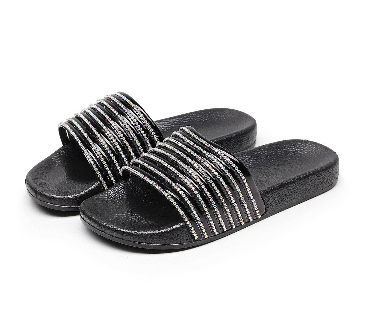 Striped Rhinestones Womens Slides