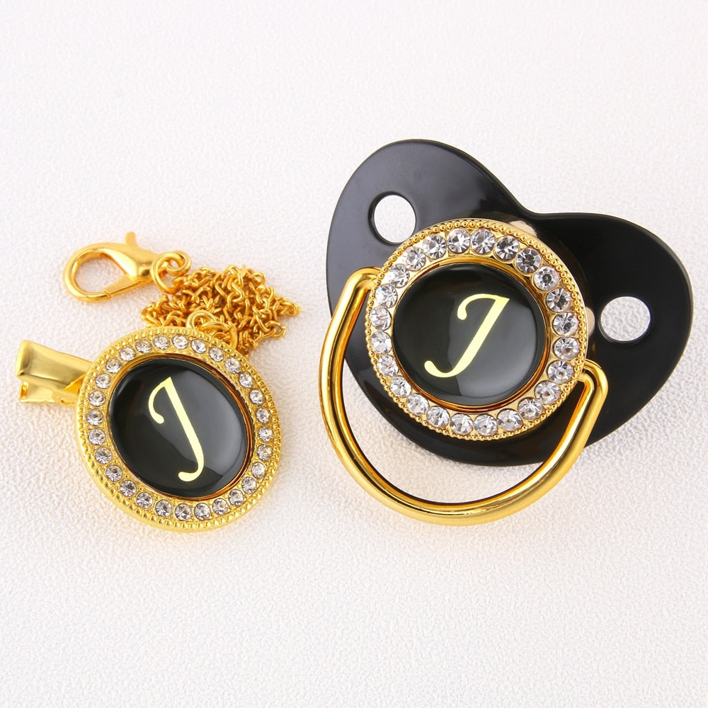 Baby Black Bling Pacifier With Clip Alphabet Letter Infant Pacifier Gold Letter Initials