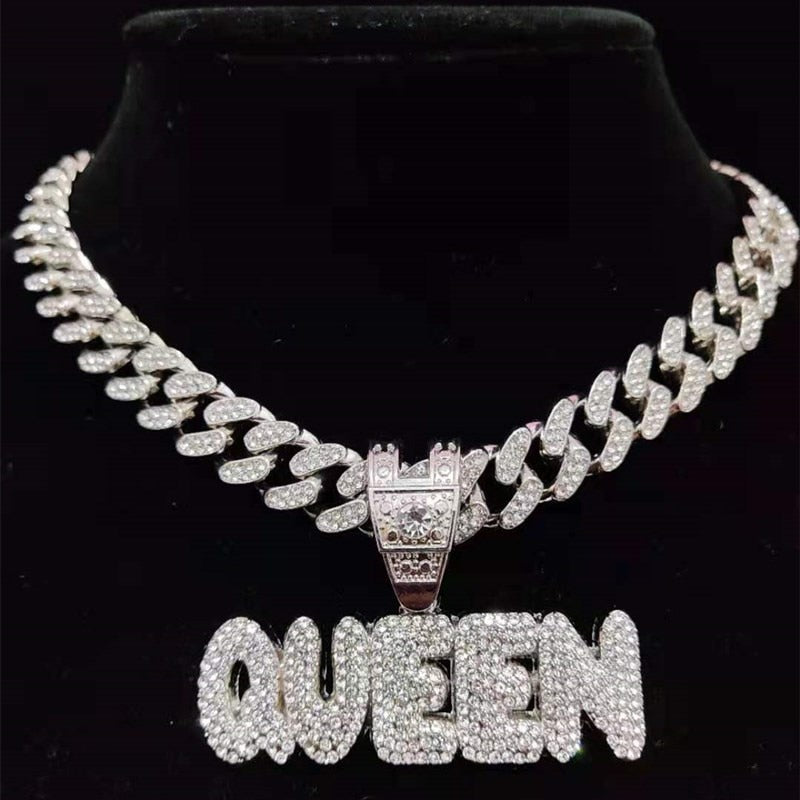 KING & QUEEN Necklace with 13mm Cuban Chain Iced Out Necklaces Jewelry