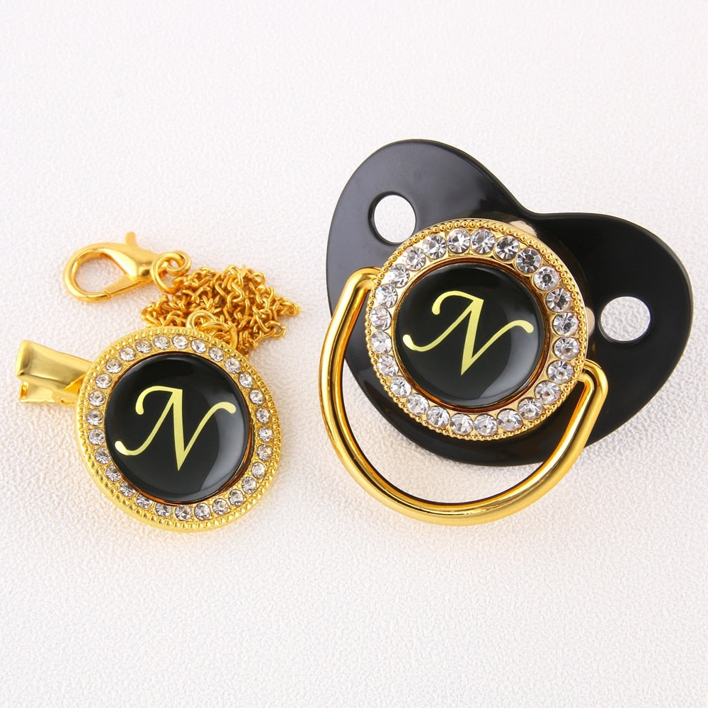 Baby Black Bling Pacifier With Clip Alphabet Letter Infant Pacifier Gold Letter Initials