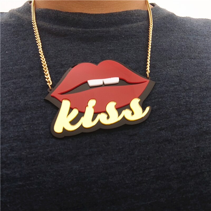 KISS Lips Pendant Necklace Acrylic Chain Jewelry