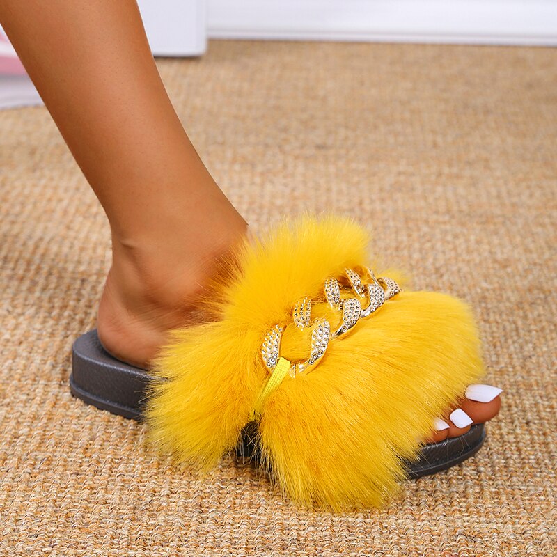 Casual Fashion Slides Soft Fur With Chain Womens Shoes