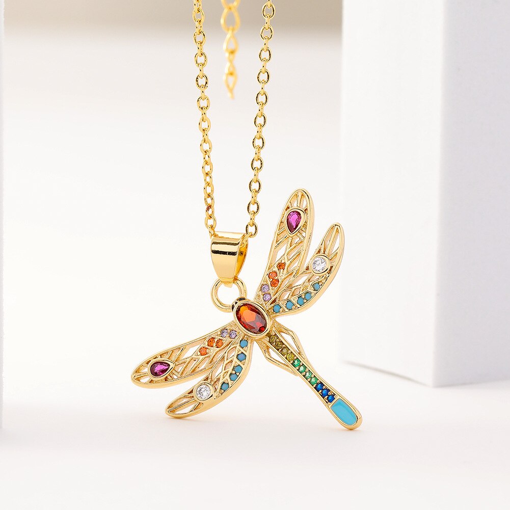 Dragonfly Pendant Necklaces With Rainbow Zircon Women Jewelry