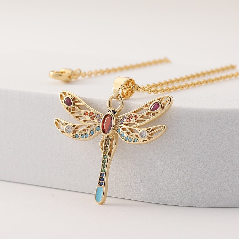 Dragonfly Pendant Necklaces With Rainbow Zircon Women Jewelry