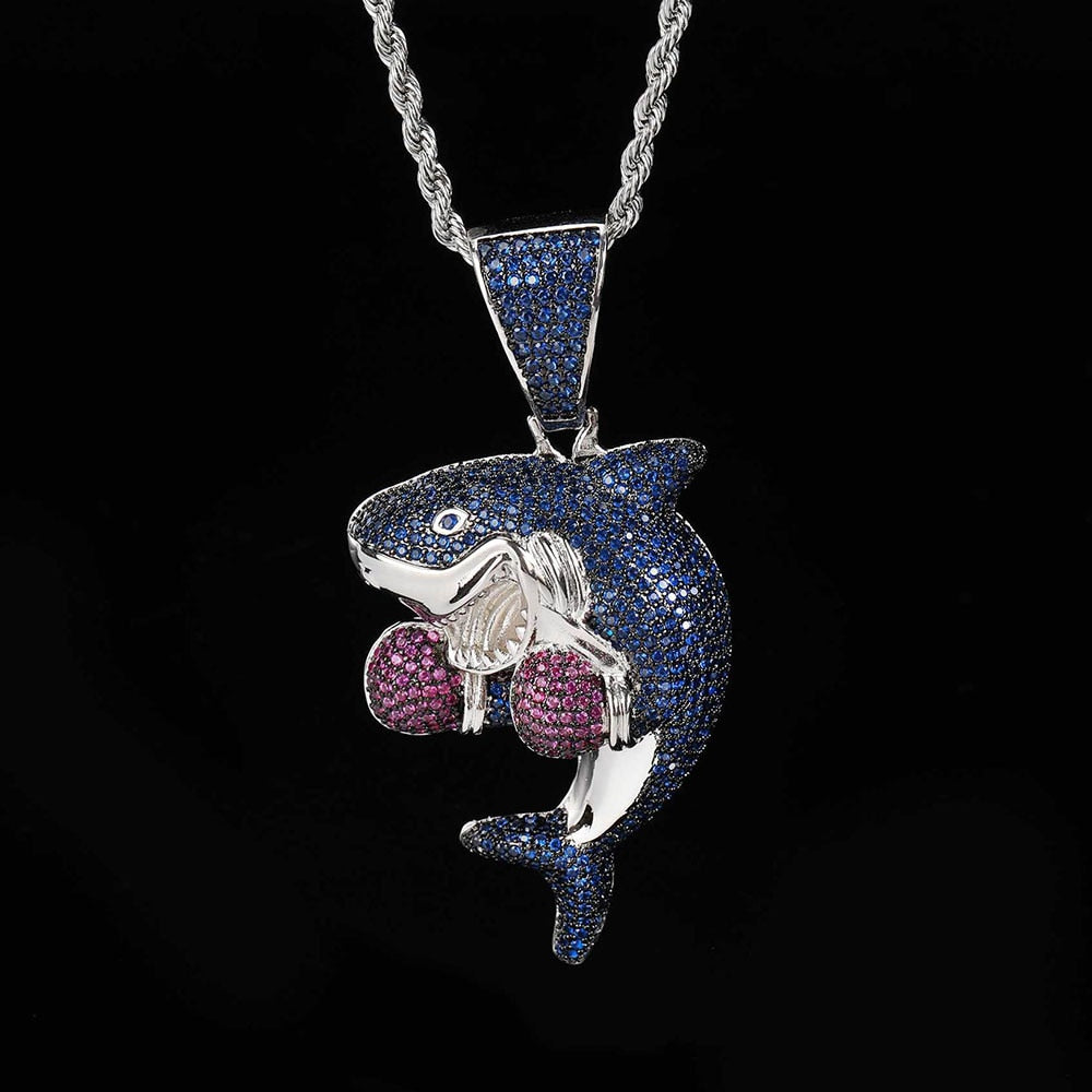 Iced Out Boxing Shark Pendant Chain Necklace