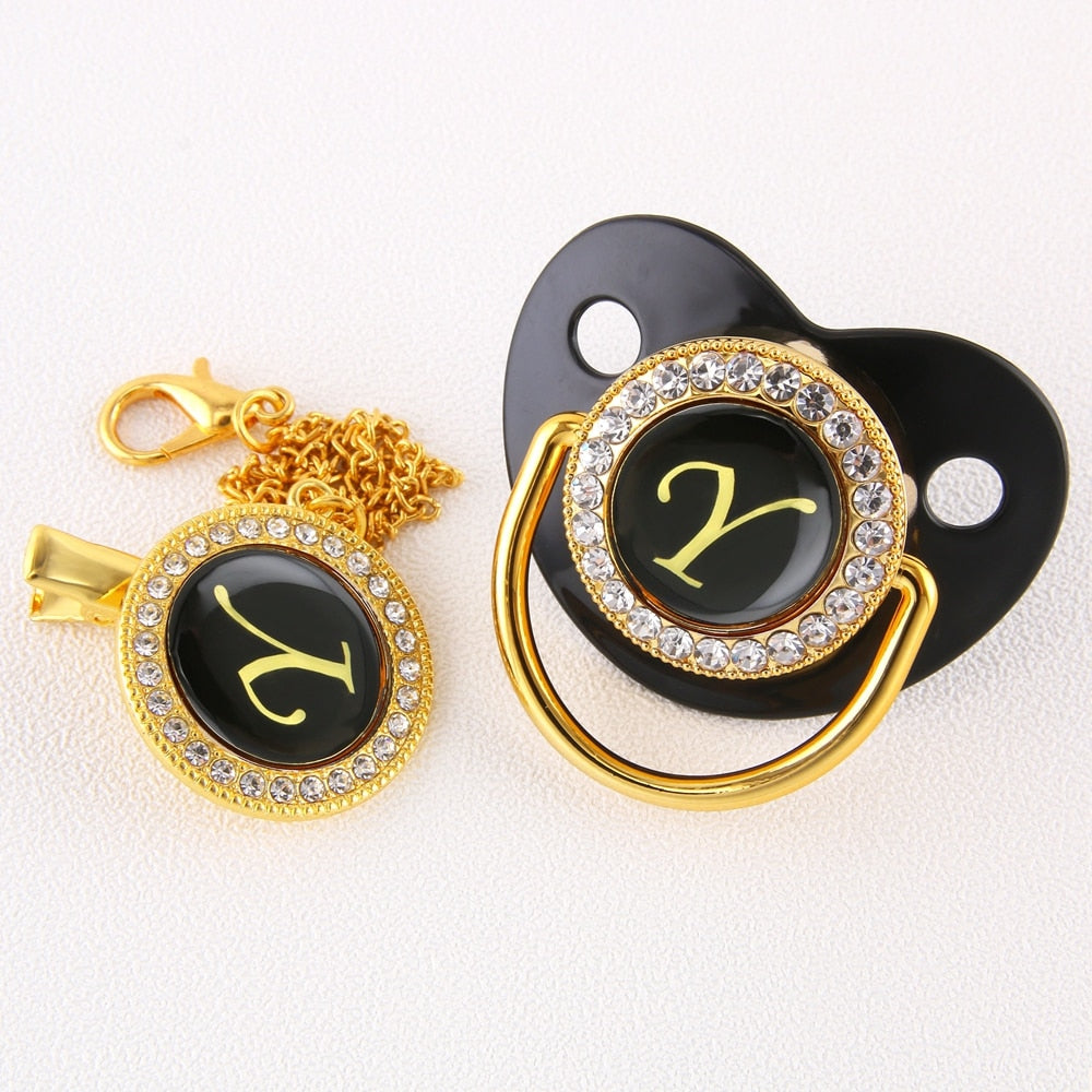 Baby Black Bling Pacifier With Clip Alphabet Letter Infant Pacifier Gold Letter Initials