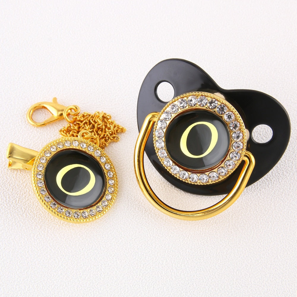 Baby Black Bling Pacifier With Clip Alphabet Letter Infant Pacifier Gold Letter Initials