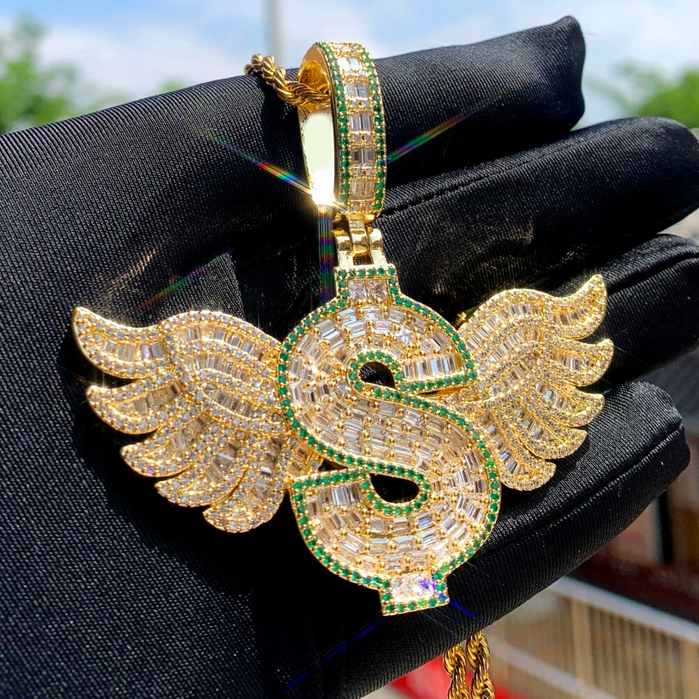 Dollar Sign With Angel Wings Pendant Chain Jewelry