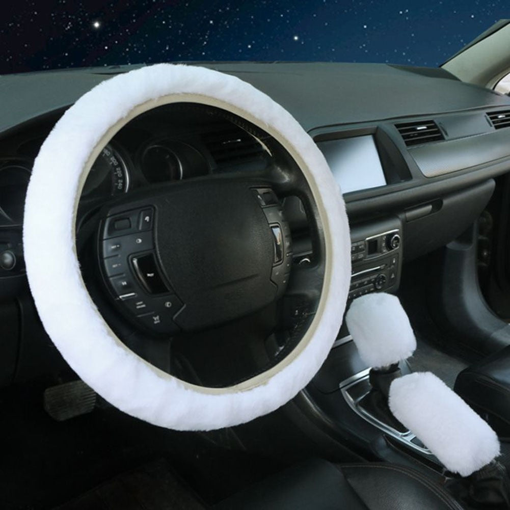 Universal Plush Car Steering Wheel Covers  Hand Brake & Amp Gear Cover Set Car 3 Piece Interior Accessories