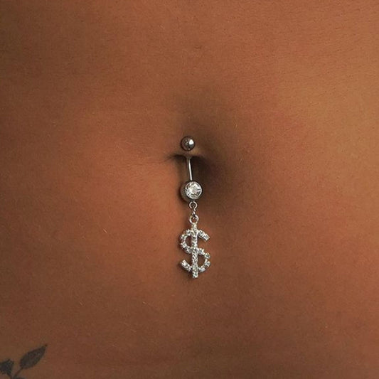 Dollar Sign Belly Button Ring Rhinestone Dangle Belly Piercing Jewelry